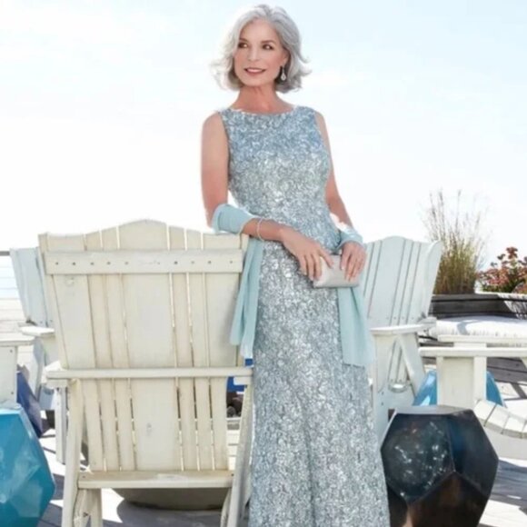 Alex Evenings Sleeveless Corded Fit Ice Sage Lace & Sequin-Detail Gown Sz 8 - Picture 2 of 16